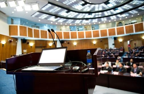 speaker podium and audience